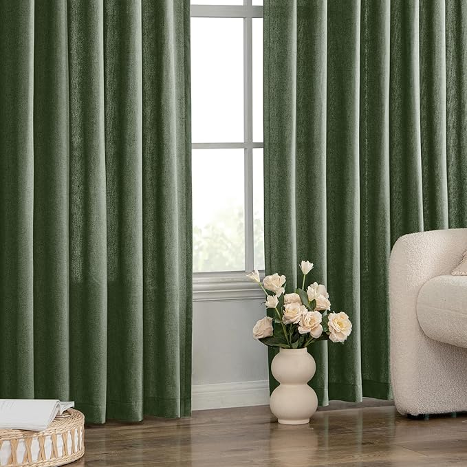 MIULEE Non-See-Through Privacy Linen Curtains 2 Panels, Light Filtering Window Curtains Farnhouse Textured Back Tab Semi Sheer Drapes for Bedroom Living Room, 52 x 63 Inches Long, Olive Green