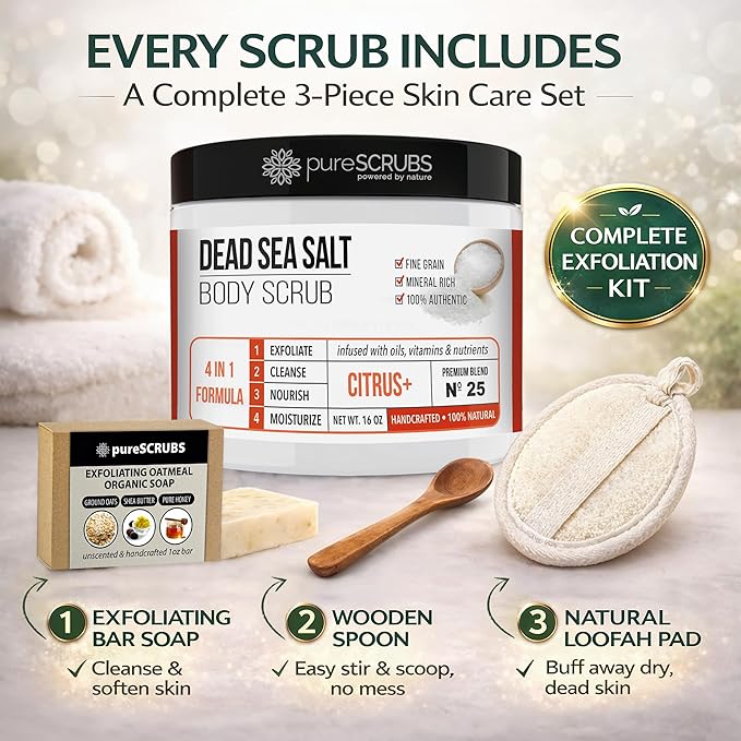 pureSCRUBS Premium Citrus Body Scrub Set - Large 16oz Dead Sea Salt Body Scrub With Infused Essential Oils & Nutrients, Includes Wooden Spoon, Loofah & Oatmeal Exfoliating Bar Soap