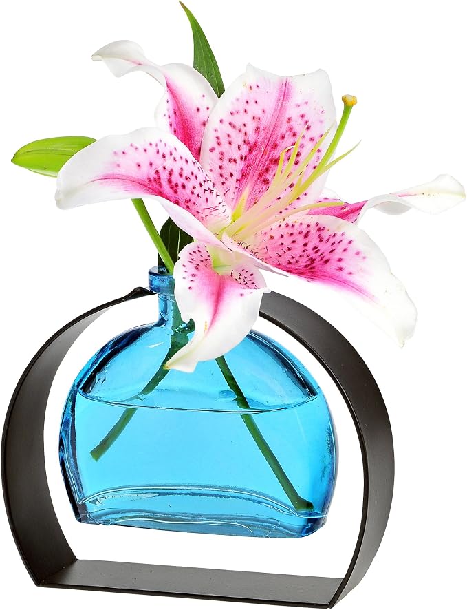 Couronne Co. Fiji Recycled Glass Flower Vase with Arched Metal Stand, Removable Vessel for Floral Arrangements, Decorative Table Centerpiece for Home, Kitchen, Coffee Table or Desk Decor, 6 oz