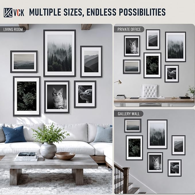 VCK 18x24 Poster Frames Black - 6 Pack, Wide Border Solid Wood, Display 16x20 Picture Photo with Mat or 18 x 24 without, for Home, Office, Gallery, Woodgrain Series, Wall Hanging