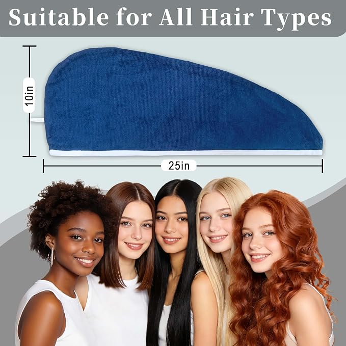 VOOVA & MOVAS Green & Navy Microfiber Hair Towel Wrap for Women, 2 Pack Elastic Loop Hair Turban, Ultra Soft Anti Frizz Fast Drying Curly Hair Towel, Highly Absorbent Reduce Heat Damage