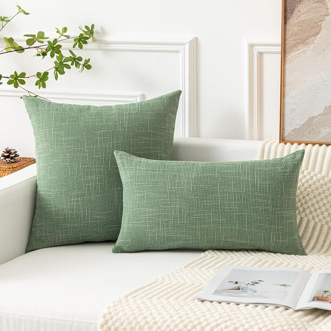 Kevin Textile Set of 2 Sage Green Pillow Covers 16 x 16 Inch Spring Farmhouse Boho Decorative Throw Pillow Covers Linen Cushion Covers for Sofa Couch Décor