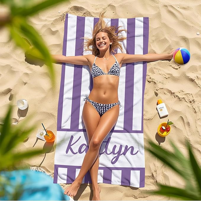 JML Personalized Beach Towel with Name, Custom Cabana Stripe Beach Towel, Customized Microfiber Pool Towel, Quick Dry & Absorbent Swim Towel for Adult,Anniversary, Birthday, Summer Holiday,Vacation