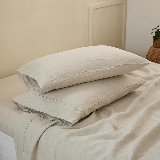 100% French Linen Pillowcases with Embroidery - Pack of 2 - Washed Solid Color Natural Flax Soft Breathable - Linen, 20'' x 40''