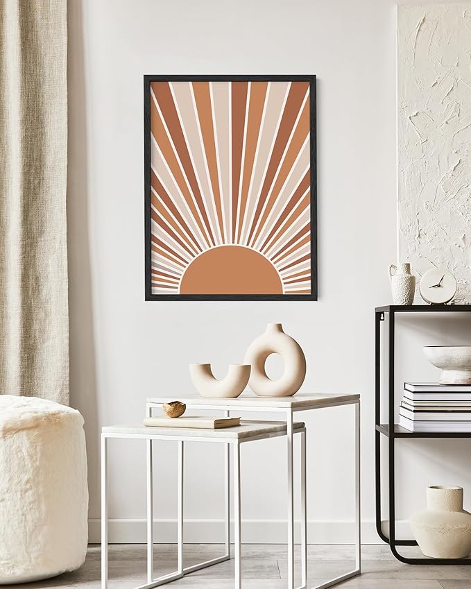 Boho Rising Sun Wall Art Sunburst Rays Earth Tones Terracotta Mid Century Modern 16x20 Inch Oak Wood Black Framed Minimalist Landscape Sunshine Print for Nursery Decor