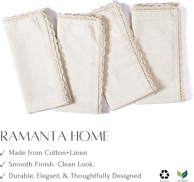 Ramanta Home Decorative Cloth Dinner Napkins Set of 4, 20x20 Inch Natural Lace Flax Cotton Napkins with Mitered Corners, Oversized Use, Parties, Weddings, Spring, Easter Cloth Napkins