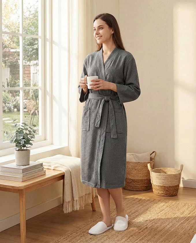 Jecery Waffle Bathrobe and Slippers Bulk Set Spa Robes Hotel Bath Lightweight Thin Commercial Soft for House Shower Party