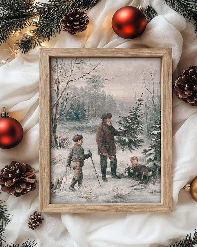 Vodefoad Vintage Christmas Wall Art Winter Landscape Painting Retro Xmas Antique Rustic Canvas Print Snowy Christmas Winter Print for Gallery Bedroom Bathroom - 8x10Inch Unframe