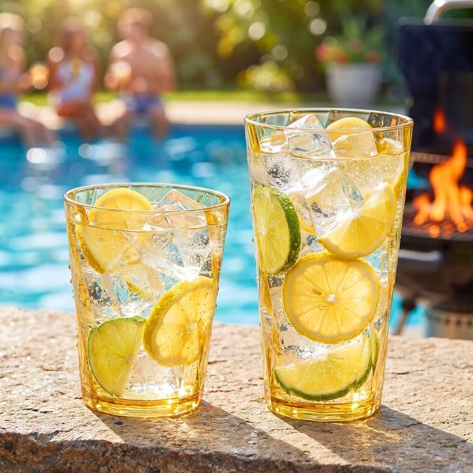LemonRoad 24 Pack Reusable Plastic Drinking Glasses Set - 20oz &13.5oz Stackable Tumbler, Shatter-resistant Highball Cup for Water, Cocktail, Iced Coffee, Indoor Outdoor, BBQ, Patio, Pool (Multicolor)