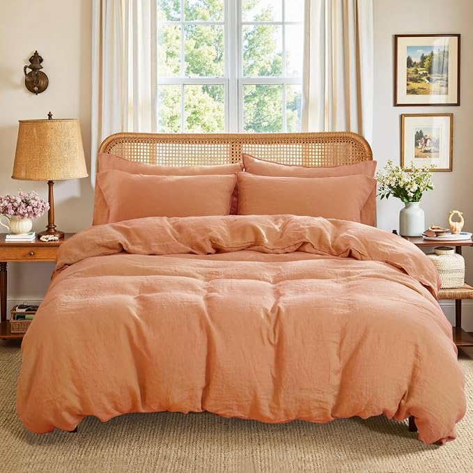 S VICTORY SYMBOL 100% Organic Linen Duvet Cover Set 3PCS Queen Size,Stone Washed French Flax Bedding,1 Comforter Cover and 2 Pillowcases Solid Color Bedding Set(Peach)