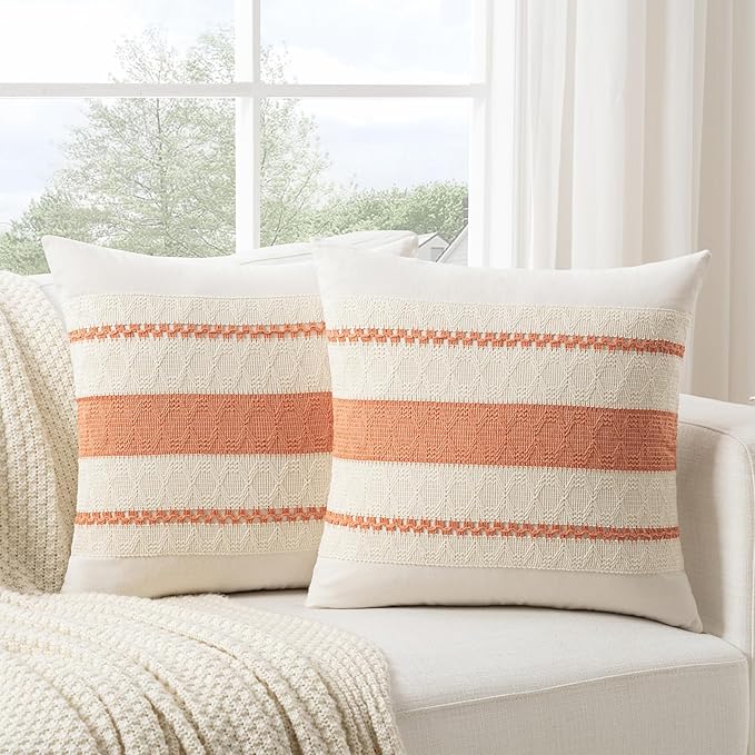 Fancy Homi Set of 1 Boho Coral Big Decorative Throw Pillow Cover 24x24 Inch for Couch Bed Bedroom, Aesthetic Modern Organic Farmhouse Room Decor, Soft Cotton Accent Macrame Woven Cushion Case