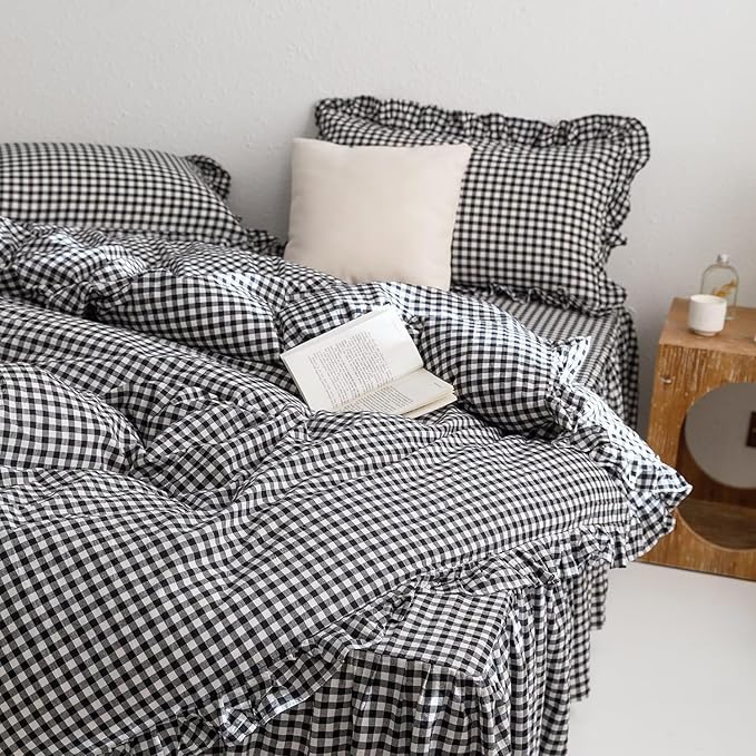 mixinni Black White Gingham Ruffle Duvet Cover Queen Size 3 Pieces – 100% Washed Cotton, Vintage Plaid Ruffled Bedding Set with Zipper Ties, Soft Checkered Grid Farmhouse Chic Comforter Cover Set