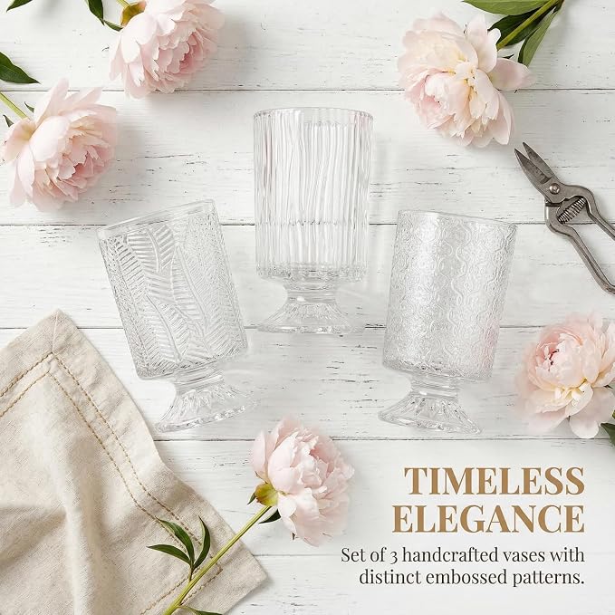 Pumtus 3 Pack Flower Vases for Centerpieces, Vintage Glass Pedestal Vase Set, Decorative Embossed Big Base Vase, Clear Hurricane Candle Holder, Medium Cylinder Vase for Wedding, Home, Party, Office