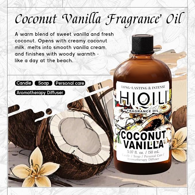 HIQILI Coconut Vanilla Fragrance Oil for Home Diffuser - 5.07 Fl Oz | for Candle & Soap Making Supplies, Essential Oils for Home and Car Humidifier - 150 ML