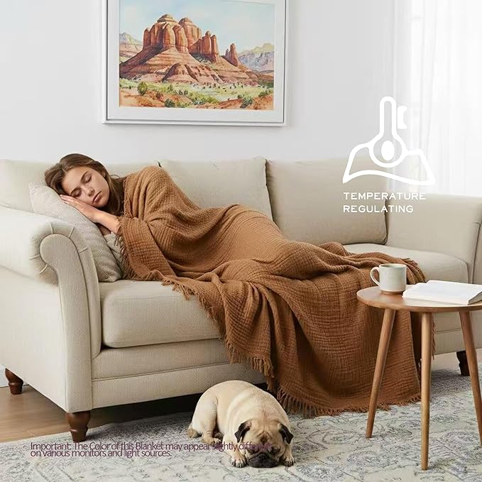 KyraHome 100% Cotton Throw Blanket, 60"x80" Large Plant Dyed Lightweight Breathable Thin Soft Summer Gauze Muslin Blankets for Adults, Boho Cotton Throw for Couch, All Season (Brown)