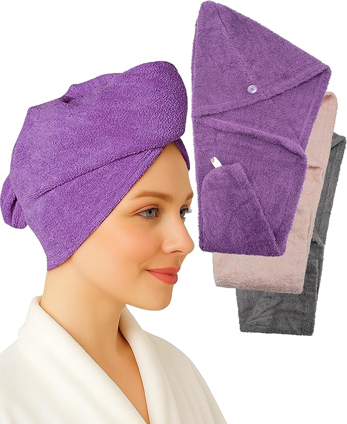 Textila 100% Cotton Hair Wrap Towels for Women (Pack of 3, Plum, Pink & Grey) – Soft & Absorbent Turban Towels for Long, Curly, Frizz-Prone Hair