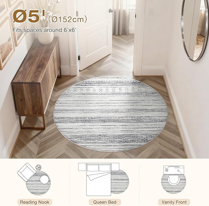 Tortania 5' Round Area Rug Living Room Rugs - Washable Large Soft Neutral Boho Moroccan Bohemian Farmhouse Rug Indoor Floor Carpet for Bedroom Under Dining Table Home Office Decor - Grey
