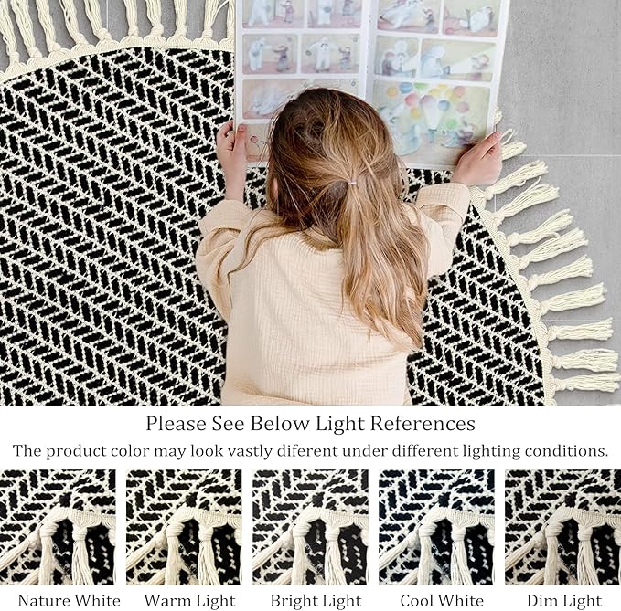 Lahome Belle Boho Black and White Round Rug 3ft, Small Circle Bathroom Kitchen Rug Lightweight Washable Rugs for Entryway with Tassels, Farmhouse Cotton Non Shedding Round Mat for Bath Dorm Bedroom
