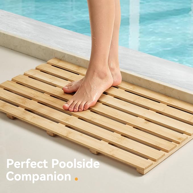 Bamboo Bath Mat, Non-Slip Waterproof Shower Mat with Rubber Feet Luxury Spa-Grade Wooden Floor Mat for Bathroom, Bathtub, Sauna, Indoor & Outdoor Use