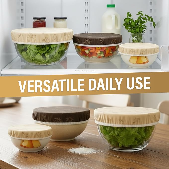 Beeswax Bowl Covers Set of 5 – Reusable Elastic Shower Caps for Sourdough Bread Proofing & Dough Rising – Washable Organic Cotton Cloth Food Storage Covers, Plastic Wrap Alternative (5.5"–13")