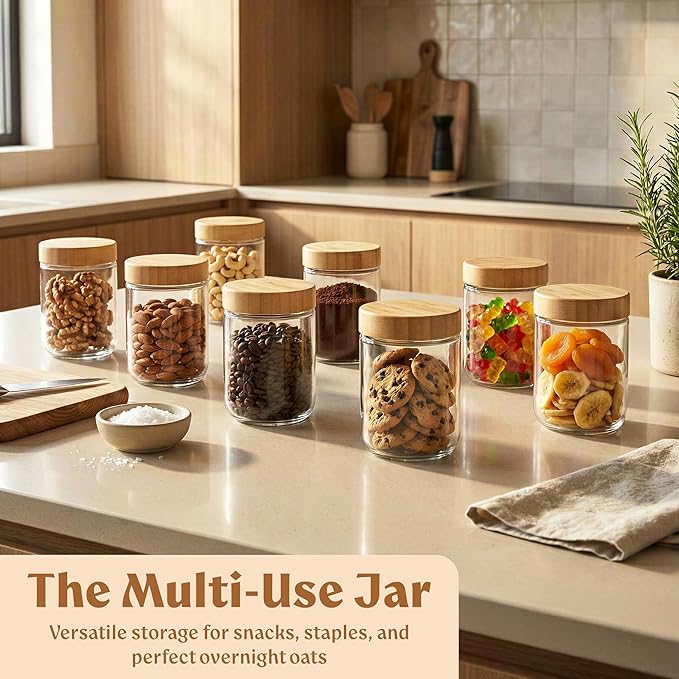 EDELHAUS Overnight Oats Containers with Lids Bamboo (4 x 16oz) Glass Jars for Oatmeal, Meal Prep, Food Storage | Leak-Proof Mason Jars for Oats, Cereal, Yogurt, Chia Pudding [Thicker Glass 3mm]