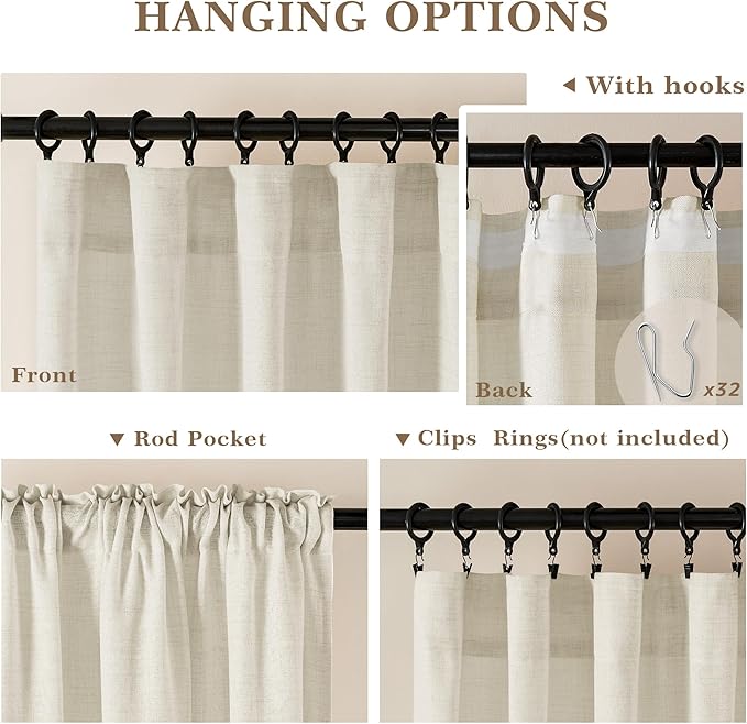 132 Inch Linen Curtains 2 Panels, Pleat Hook Belt Rod Pocket Privacy Semi Sheer Extra Long Hotel Curtain Drapes 132 Inch Length for Tall Windows High Ceiling Living Room, Natural, W50 x L132