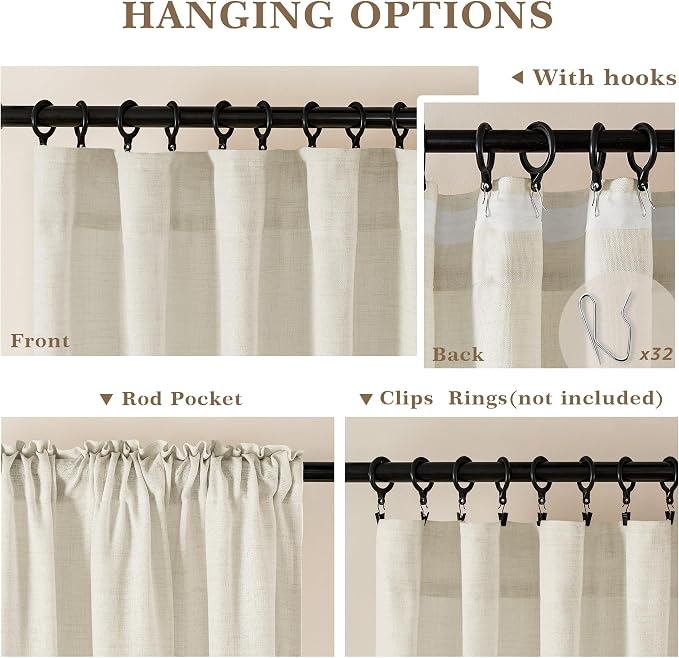 Natural Linen Curtains 108 Inches Long for Living Room 2 Panels Linen Boho Farmhouse Drapes for Bedroom Dining Room Rod Pocket Hook Belt Light Filtering Cream Windows Curtains 108 Inch Length