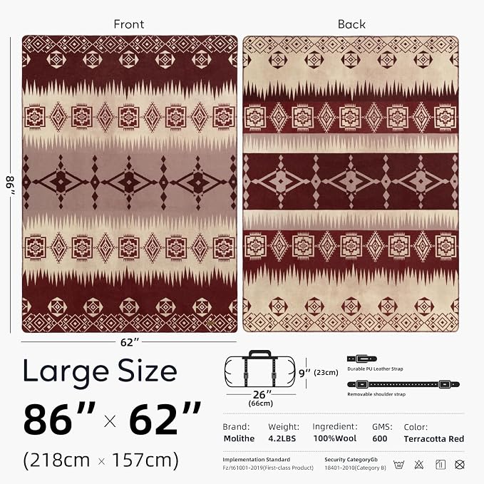 Molithe 100% Wool Blanket, 62" x 86", Warm, Thick, Washable, Military | Great for Camping, Outdoors, Sporting Events, Survival Kits Terracotta Red