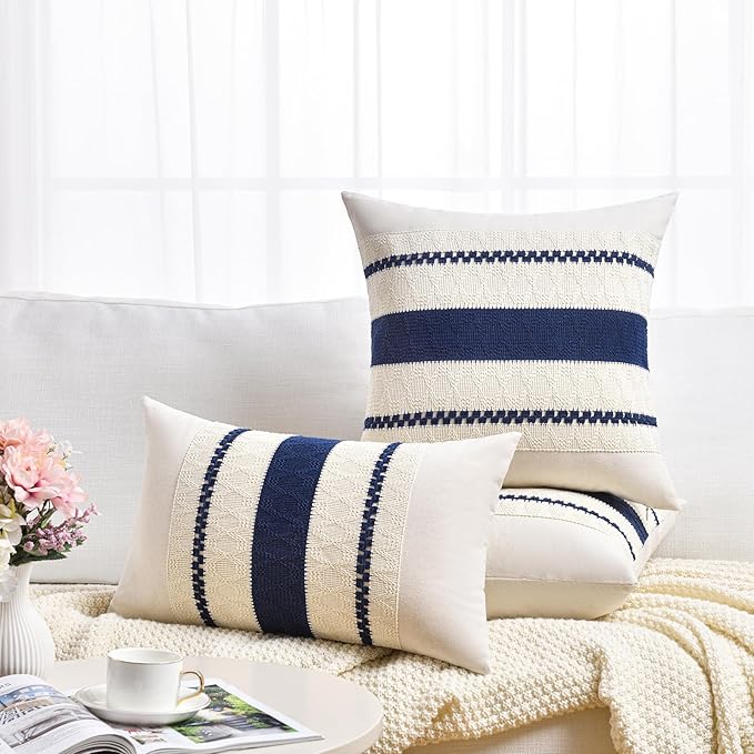 Fancy Homi Set of 2 Navy Blue Euro Decorative Throw Pillow Covers 26x26 Inch for Couch Bed Sofa Living Room, Aesthetic Modern Organic Farmhouse Home Decor, Soft Cotton Woven Textured Cushion Case