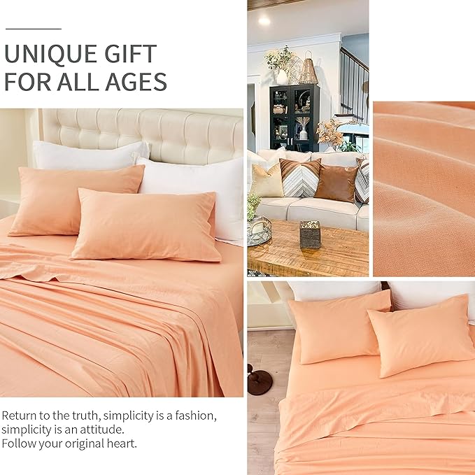 BISELINA Linen Sheet French Flax Flat Sheet Only 55% Euro Linen 45% Cotton Basic Style Solid Color Soft Breathable Farmhouse Top Sheet 1-Piece (Twin, Peach)