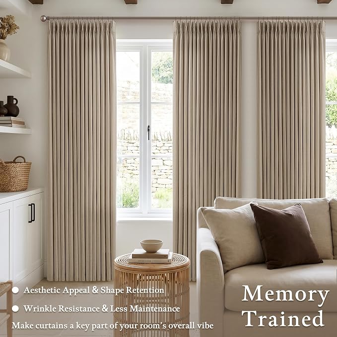 Farmhouse Pleated Thick Linen Curtains 80 Inch 2 Panels Set for Living Room Bedroom Camel Tan Light Filtering Semi Sheer Linen Blend Window Curtain with Hooks Rings 50 Inches Wide Back Tab Drapes