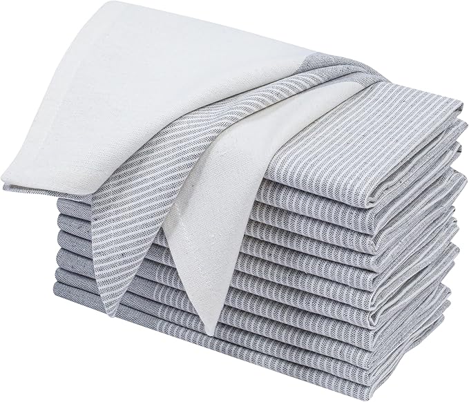Ramanta Home Cloth Napkins Set of 12 18x18 Inches - Spring Basket Decor Block Striped Dinner Napkins for Easter Farmhouse Wedding, Washable Soft Cotton Durable Table Linen for Everyday Use - Grey