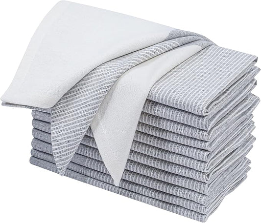 Ramanta Home Cloth Napkins Set of 12 18x18 Inches - Spring Basket Decor Block Striped Dinner Napkins for Easter Farmhouse Wedding, Washable Soft Cotton Durable Table Linen for Everyday Use - Grey