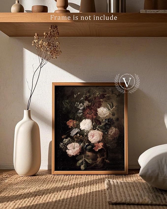 Vodefoad Vintage Moody Floral Wall Art Retro Dark Flower Painting Farmhouse Wall Decor Antique Oil Painting Victorian Print for Bedroom Bathroom Living Room Decor - 8x10Inch Unframe