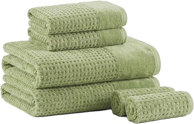 Madison Park Spa Waffle 100% Cotton Luxurious Towel Set, Premium Texture Waffle Weave, Highly Absorbent, Quick Dry, Hotel & Spa Quality Wash Clothes for Bathroom, Assorted Sizes, Sage Green 6 Piece