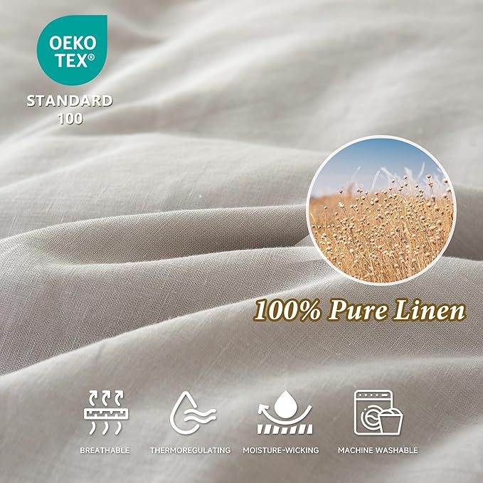 100% Linen Duvet Cover Set, 3 PCS Natural French Flax Light Grey Duvet Cover Queen Size, Breathable Soft Comfy Linen Bedding Comforter Cover with 2 Pillowcases(Light Grey, 88" x 92")