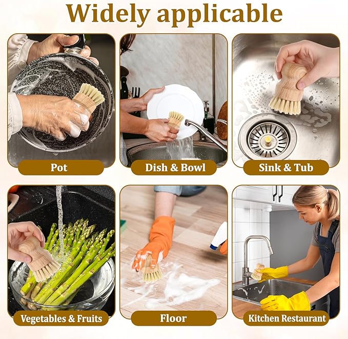 12 Pack Bamboo Scrub Brush for Dishes, Wooden Dish Scrubber Brushes with Natural Sisal Bristle Full Circle Scrub Brush for Kitchen Cleaning Dishes Iron Pot Pan Sink