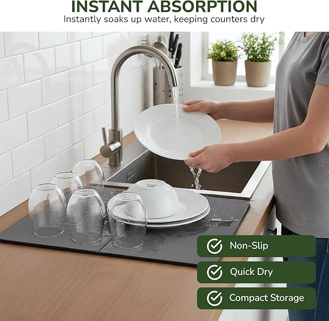 2-Panel Large Foldable Stone Drying Mat 24"x16" – Diatomaceous Earth Stone Dish Drying Mat, Ultra-Absorbent Stone Drying Mat for Kitchen, Collapsible Quick-Dry Countertop Protector for your Dishes