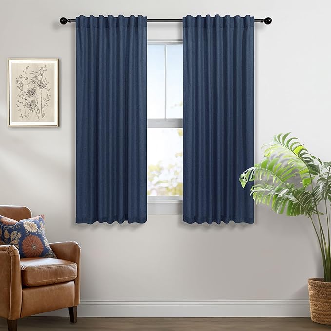 Pitalk Navy Curtains 54 Inch Length for Boys Nursery Room 2 Panels Back Tab Loop Pocket Indigo Blue Linen Farmhouse Nautical Short Light Filtering Curtains for Bedroom Bathroom Boho Decor 52x54 Long
