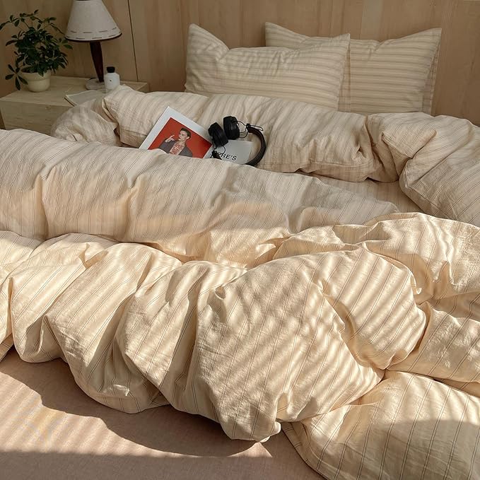 mixinni Retro Striped Duvet Cover Set King Size - 100% Washed Cotton Beige Duvet Cover with Black White Stripes, Soft Breathable 3 Piece Comforter Cover with Zipper Closure & Corner Ties