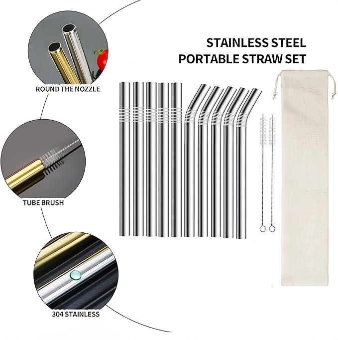 10 Pack of Reusable Stainless Steel Metal Straws,5 Straight 5 Bent L 8.3 inch D 0.39 inches Straws,With 2 cleaning brushes,Suitable for Owala Water Bottle 24 oz 32 oz,Drinking Mug,Glass Mug