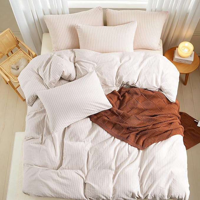 NEXHOME PRO Striped Duvet Cover Twin Size,100% Washed Cotton Bedding Set,Textured Linen Feel,Breathable,Organic,2 Piece(White Stripes 68x90)