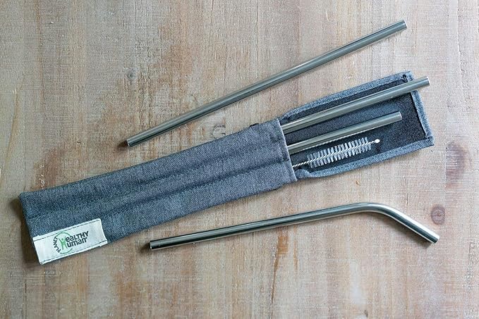 Healthy Human Set of 5 BPA Free Reusable Metal Drinking Stainless Steel Straws with Portable Travel Case -Ideal for 20oz Tumblers - 3 Straight - 2 Bent & Straw Cleaner