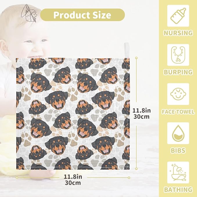 Baby Rottweiler Dog Msulin Washcloths Newborn Face Towel - Baby Muslin Burp Cloths 5 Pack Soft Absorbent Natural Cotton Wash Towel 11.8"X11.8" Baby Bath Towels Wipes