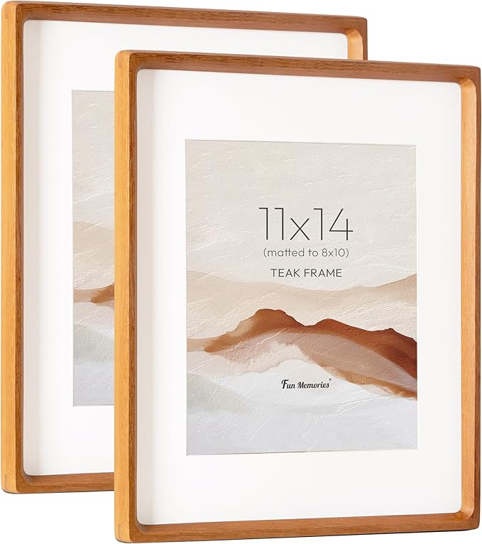 11x14 Picture Frame, USA-Sourced Teak Wood Photo Frame with HD Tempered Glass, Handcrafted Rounded Corner 11 x 14 Wooden Frames Matted to 8x10 Photos, Horizontal or Vertical Wall Display-2p | Hd Tempered Glass