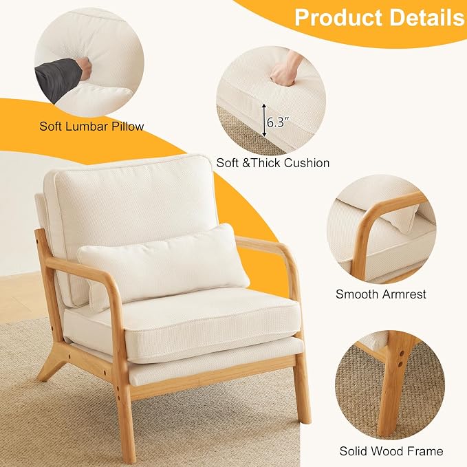 Karl home Mid-Century Modern Accent Reading Chair, White | Linen Upholstered, Solid Wood Frame, Soft Cushion, Lumbar Pillow, Lounge Armchair for Living Room, Bedroom, Balcony, Study
