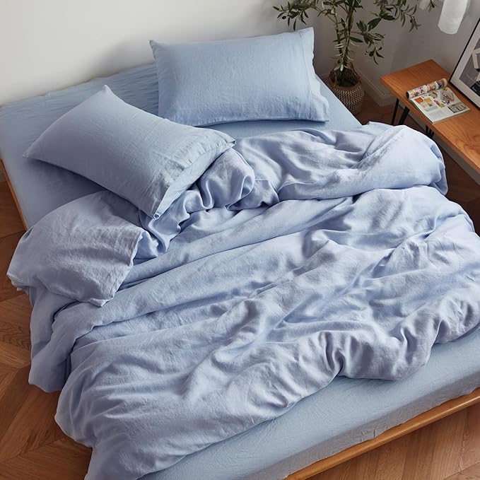 Sijo Stone Washed Organic French Linen Bed Sheet Set, GOTS Certified Organic, Best Cooling Linen Sheet Award by Sleep Foundation, 3 Piece - 2 Pillowcases and 1 Fitted Sheet (Sky, King)