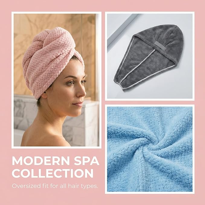 Lightweight 90g Microfiber Hair Towel Wrap, Super Absorbent Quick Drying Hair Turban for Long Curly Hair, Thick Lint Free Hair Drying Cap for Women (Blue + Pink)