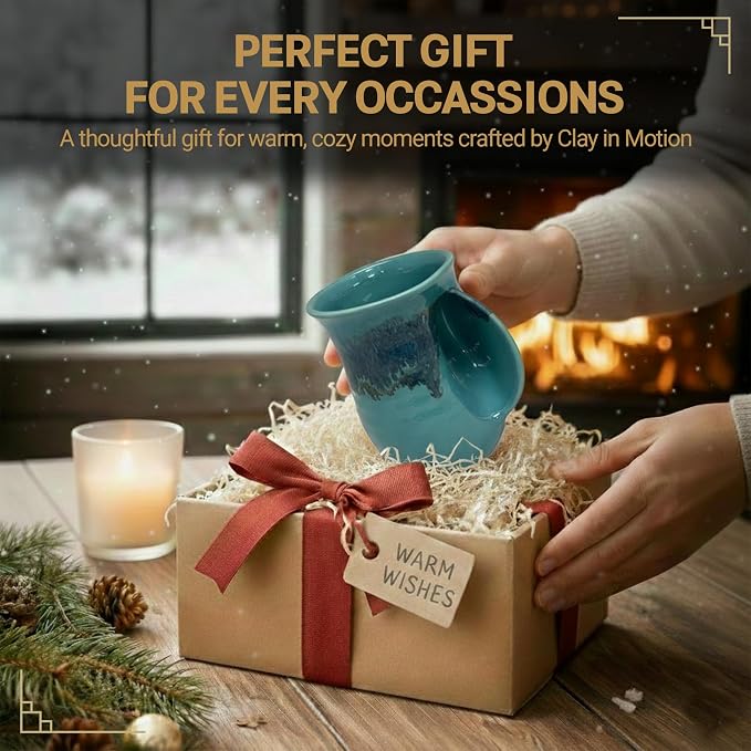 Clay in Motion Hand Warmer Coffee Mug – Handmade Coffee Mug With Comfortable Handle Contoured Pocket Hand Warming Ceramic Coffee Mug – Proudly Made in USA – Right Handed – 14 Oz - Raging Rapid