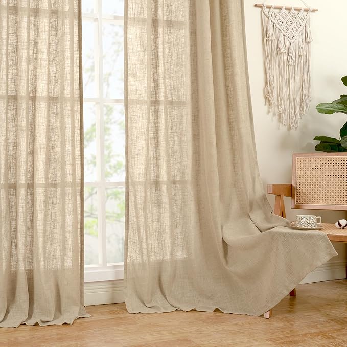 LAMIT Linen Curtains 63 Inch for Bedroom, Light Filtering Neutral Semi Sheer Window Curtains Back Tab and Rod Pocket Panels, 2 Panels, Brown, 60 x 63 Inch